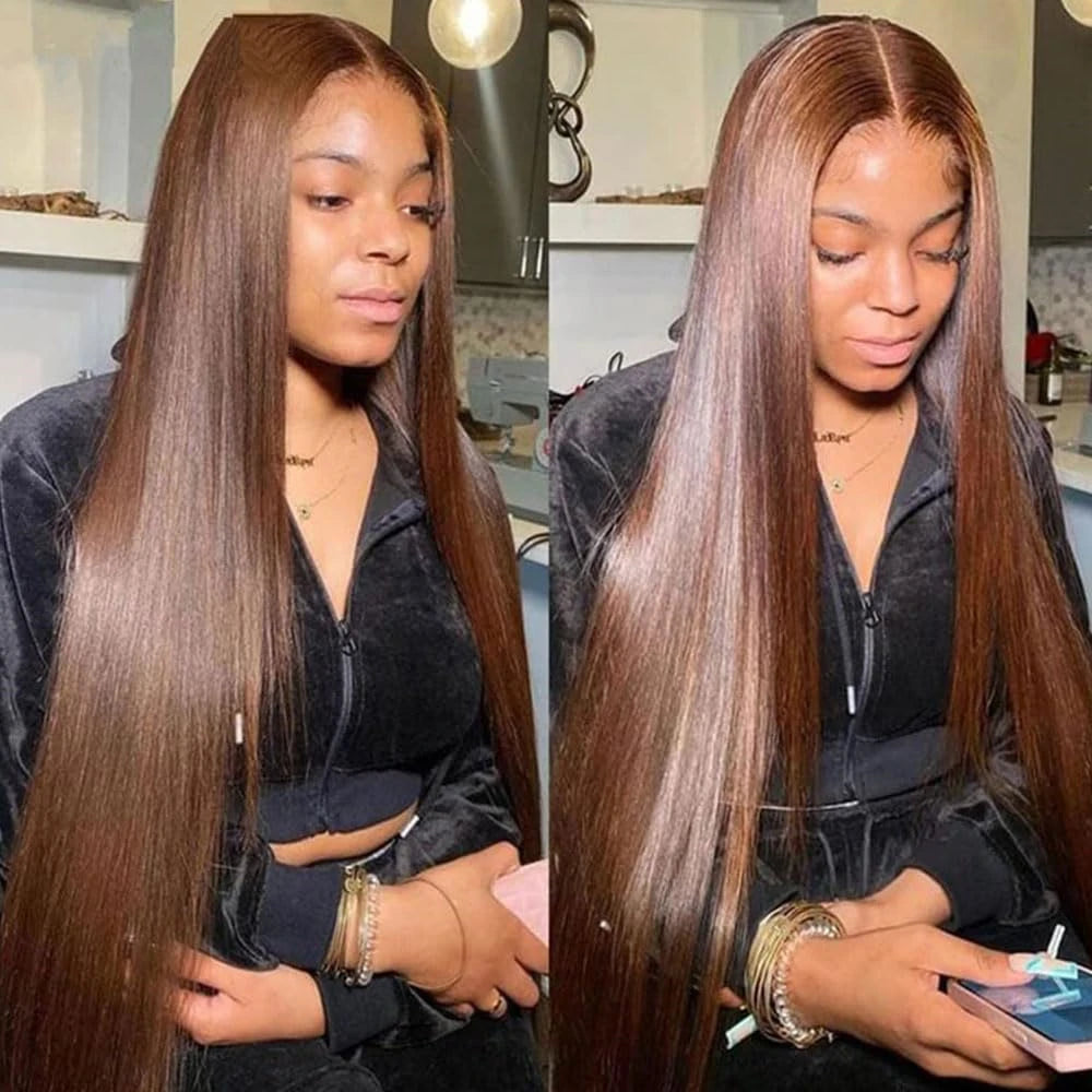 Chocolate Brown Long Straight Lace Human Hair Wig 180% Density