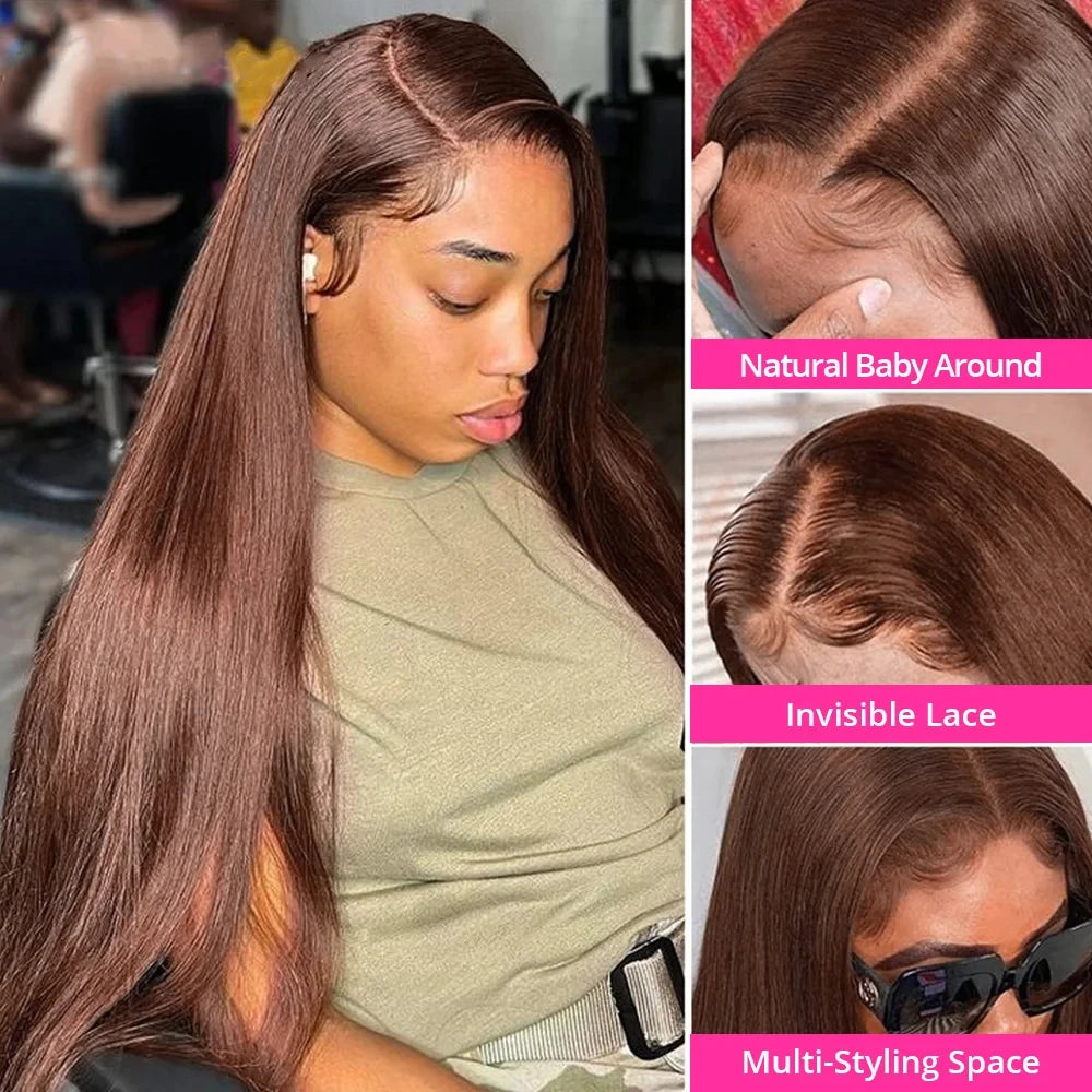 Chocolate Brown Long Straight Lace Human Hair Wig 180% Density