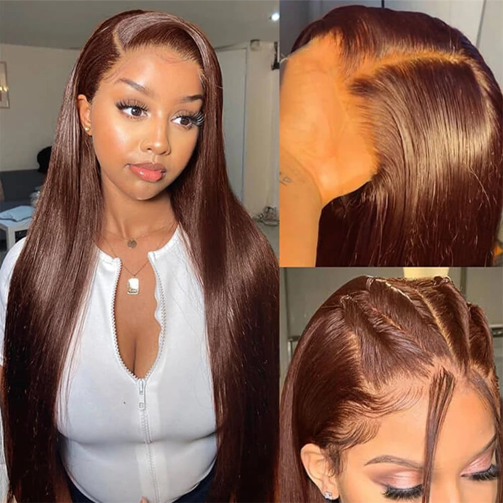 Chocolate Brown Long Straight Lace Human Hair Wig 180% Density